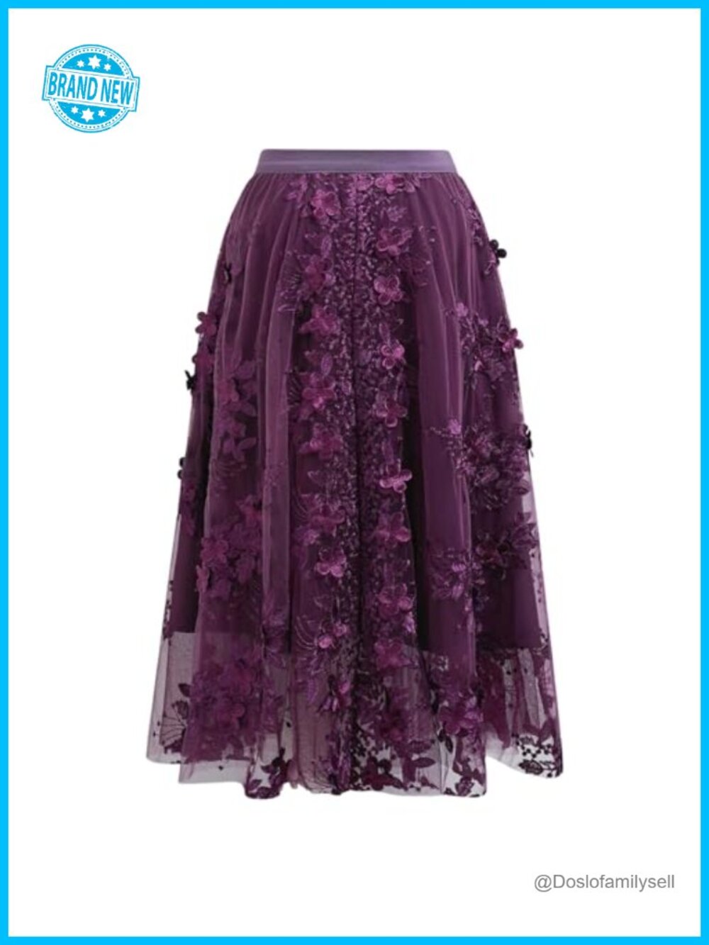 Women 3D Floral Embroidered Tulle Skirt Flare A Line High Elastic Waist Mesh - Picture 3 of 6